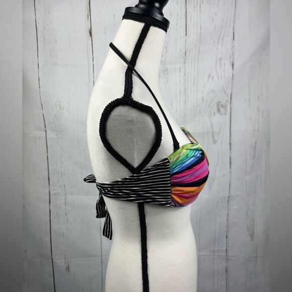 Kenneth Cole Reaction Multicolored Striped Cross Front Bandeau Bikini Top M - Picture 2 of 7